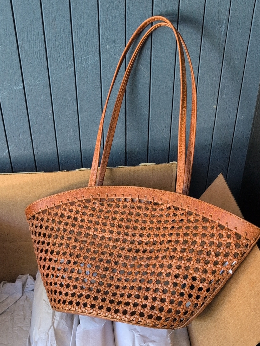 NWT Madewell Woven Tan Leather Tote Bag with Double Shoulder Straps